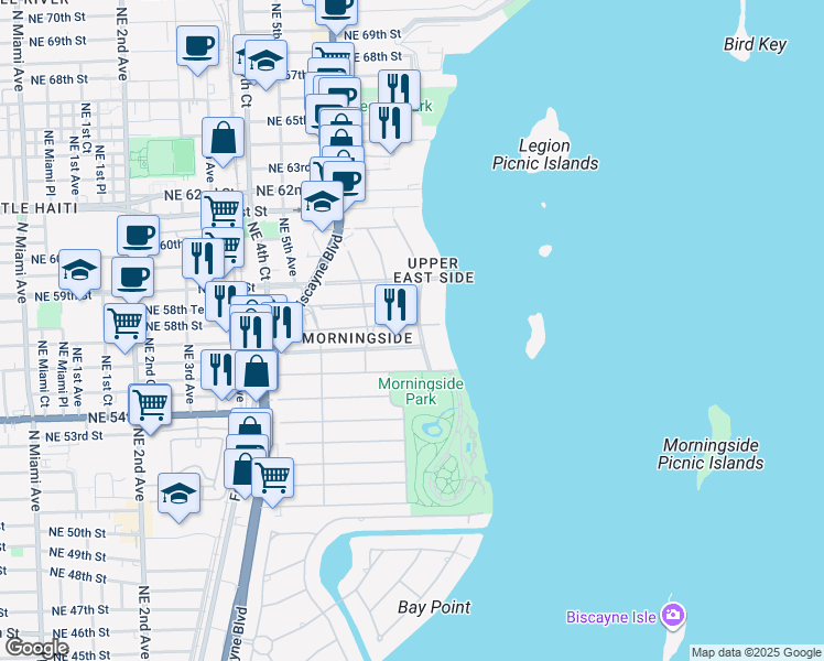 map of restaurants, bars, coffee shops, grocery stores, and more near 690 Northeast 57th Street in Miami