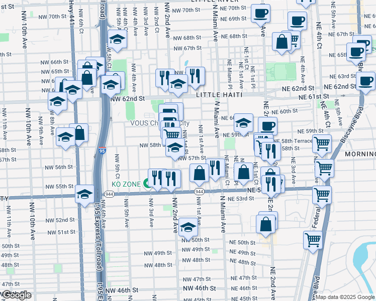 map of restaurants, bars, coffee shops, grocery stores, and more near 160 Northwest 58th Street in Miami