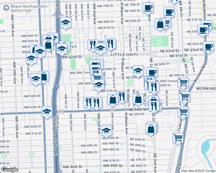 map of restaurants, bars, coffee shops, grocery stores, and more near 160 Northwest 58th Street in Miami