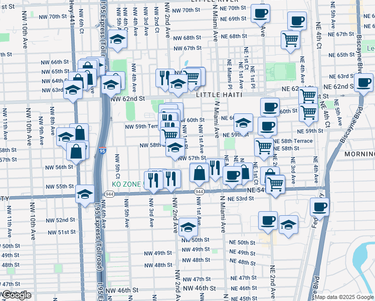 map of restaurants, bars, coffee shops, grocery stores, and more near 160 Northwest 58th Street in Miami