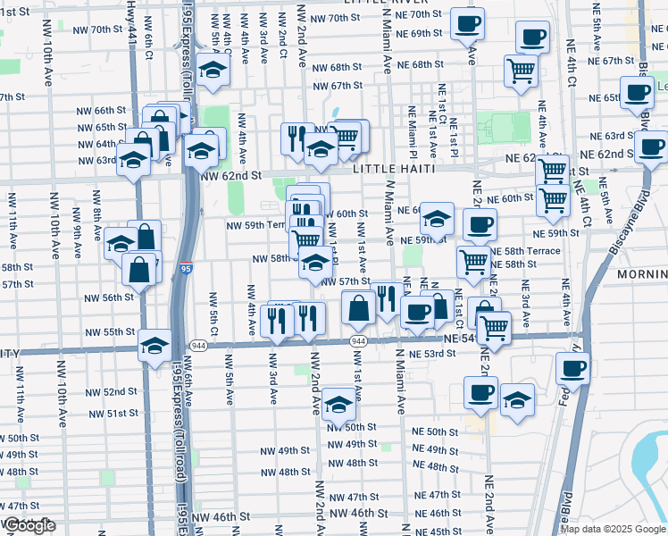 map of restaurants, bars, coffee shops, grocery stores, and more near 160 Northwest 58th Street in Miami