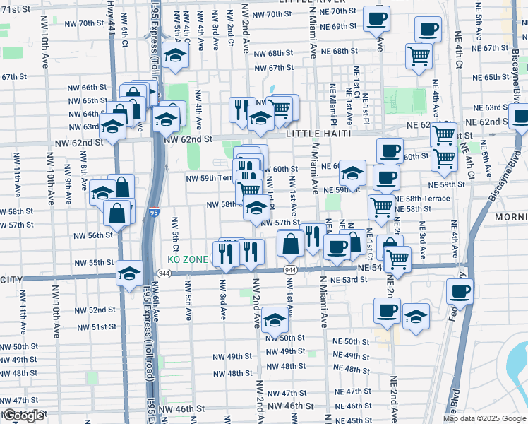 map of restaurants, bars, coffee shops, grocery stores, and more near 160 Northwest 58th Street in Miami
