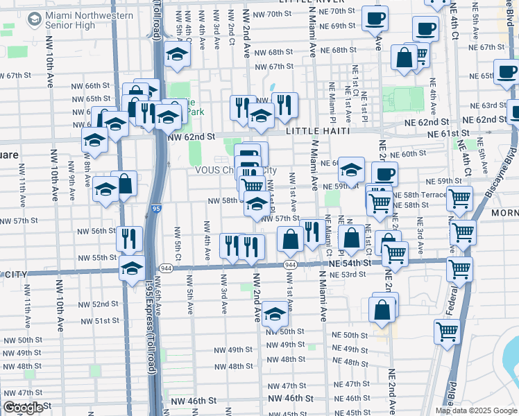 map of restaurants, bars, coffee shops, grocery stores, and more near in Miami