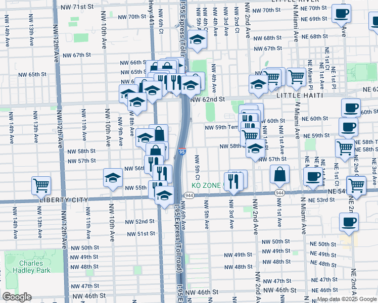 map of restaurants, bars, coffee shops, grocery stores, and more near 550 Northwest 58th Street in Miami