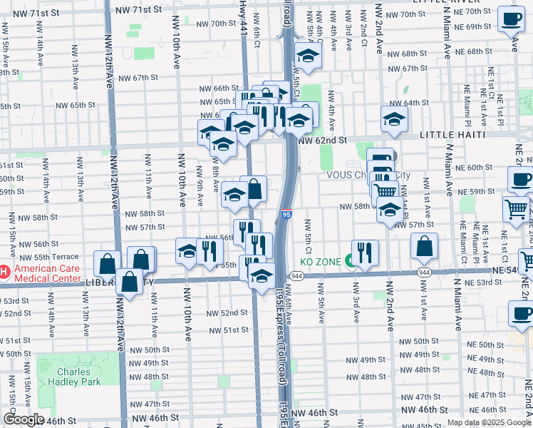 map of restaurants, bars, coffee shops, grocery stores, and more near 5789 Northwest 7th Avenue in Miami
