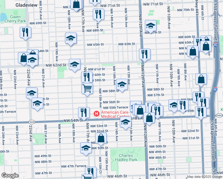 map of restaurants, bars, coffee shops, grocery stores, and more near 1445 Northwest 58th Street in Miami