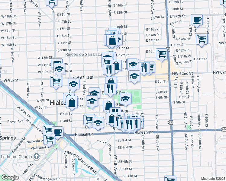 map of restaurants, bars, coffee shops, grocery stores, and more near 367 East 7th Street in Hialeah