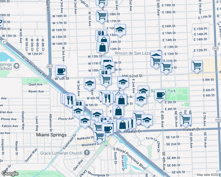 map of restaurants, bars, coffee shops, grocery stores, and more near 733 Palm Avenue in Hialeah