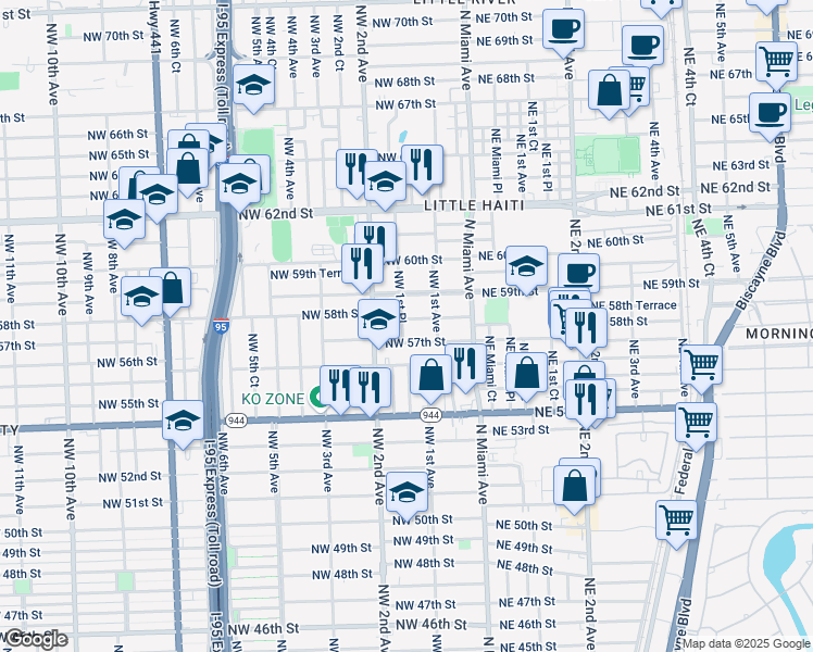 map of restaurants, bars, coffee shops, grocery stores, and more near 160 Northwest 58th Street in Miami