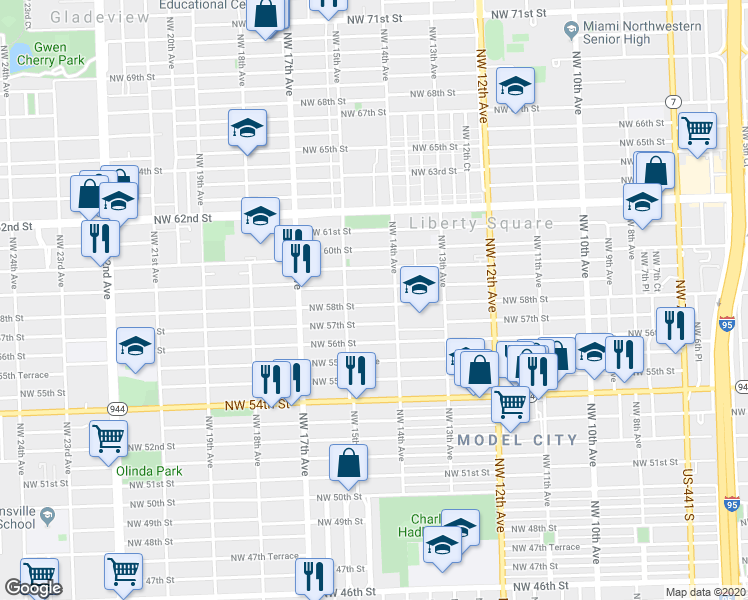 map of restaurants, bars, coffee shops, grocery stores, and more near 1445 Northwest 58th Street in Miami