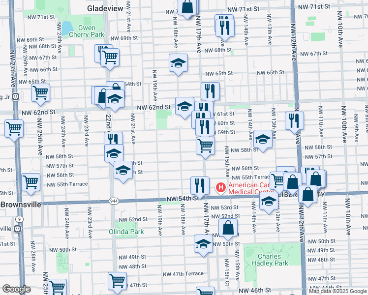 map of restaurants, bars, coffee shops, grocery stores, and more near 1751 Northwest 58th Street in Miami