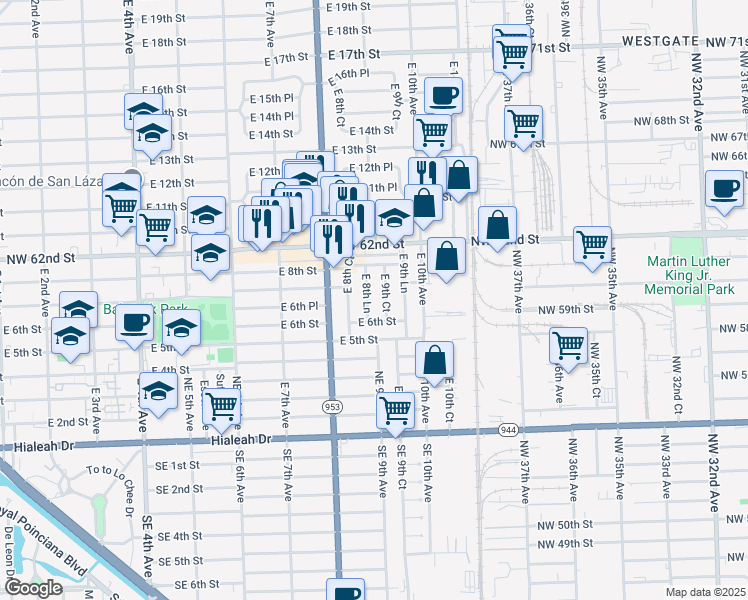 map of restaurants, bars, coffee shops, grocery stores, and more near 665 East 8th Lane in Hialeah