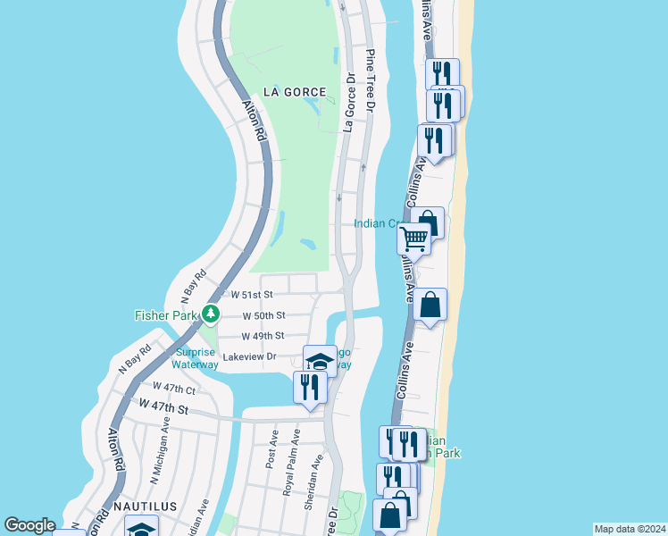 map of restaurants, bars, coffee shops, grocery stores, and more near 5154 Lagorce Drive in Miami Beach