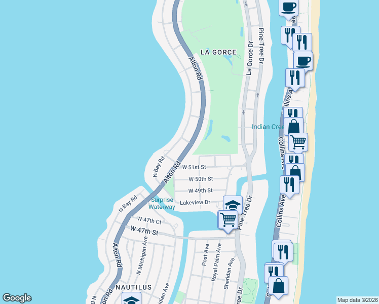 map of restaurants, bars, coffee shops, grocery stores, and more near 5165 Alton Road in Miami Beach