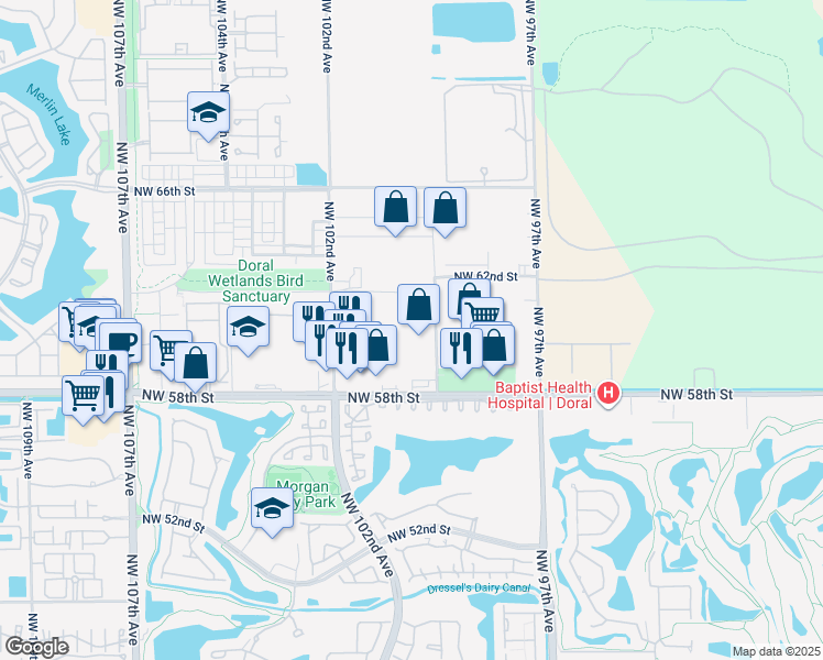 map of restaurants, bars, coffee shops, grocery stores, and more near 6020 Northwest 99th Avenue in Doral