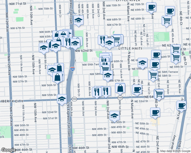 map of restaurants, bars, coffee shops, grocery stores, and more near 5745 Northwest 3rd Avenue in Miami
