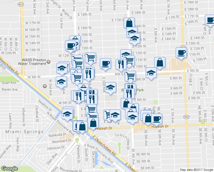 map of restaurants, bars, coffee shops, grocery stores, and more near 215 East 7th Street in Hialeah