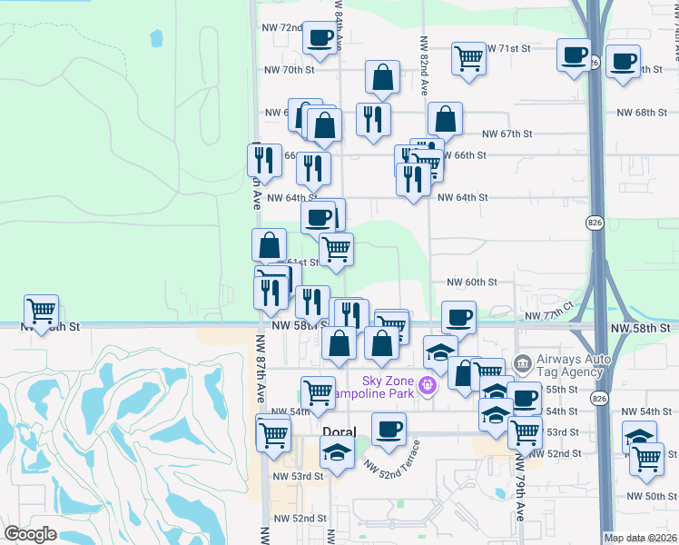 map of restaurants, bars, coffee shops, grocery stores, and more near 6060 Northwest 84th Avenue in Miami