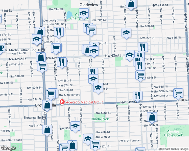 map of restaurants, bars, coffee shops, grocery stores, and more near 2156 Northwest 59th Street in Miami