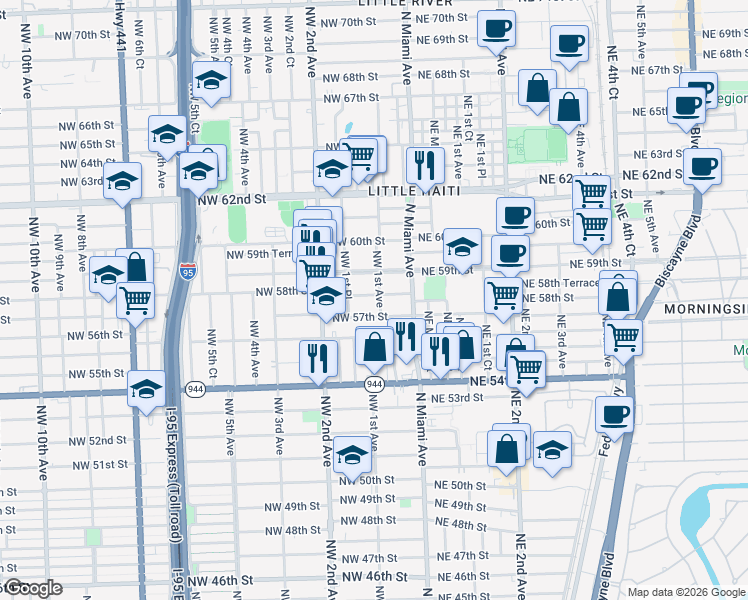 map of restaurants, bars, coffee shops, grocery stores, and more near 88 Northwest 58th Street in Miami