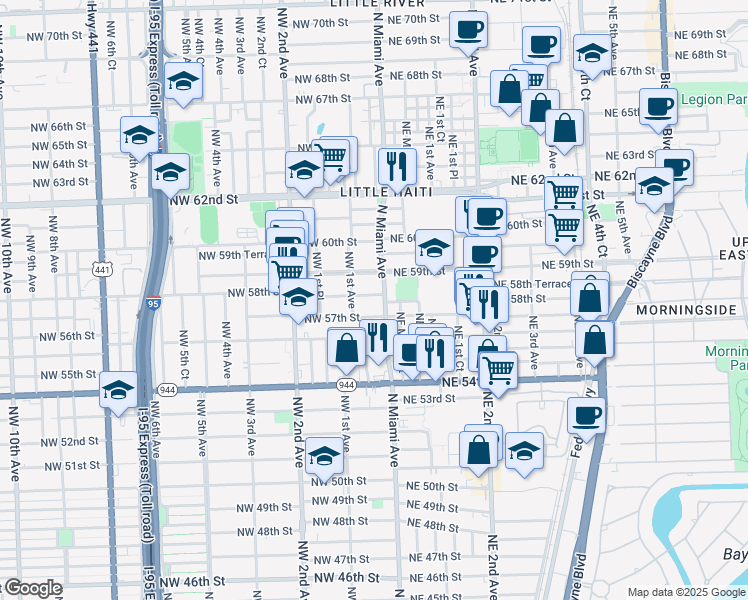 map of restaurants, bars, coffee shops, grocery stores, and more near 5801 North Miami Avenue in Miami