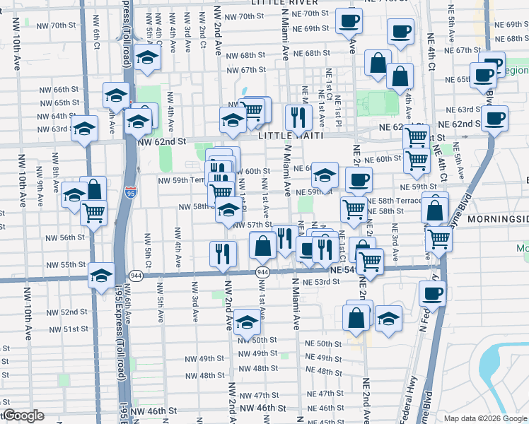 map of restaurants, bars, coffee shops, grocery stores, and more near 88 Northwest 58th Street in Miami