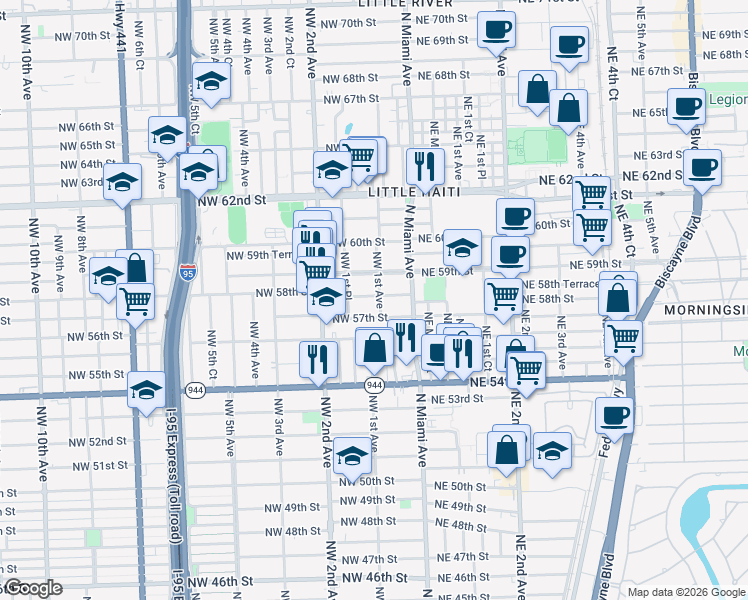 map of restaurants, bars, coffee shops, grocery stores, and more near 88 Northwest 58th Street in Miami