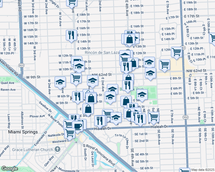 map of restaurants, bars, coffee shops, grocery stores, and more near 215 East 7th Street in Hialeah