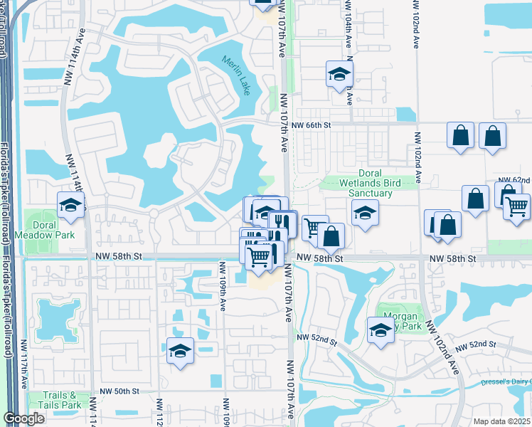 map of restaurants, bars, coffee shops, grocery stores, and more near 10710 Northwest 66th Street in Doral