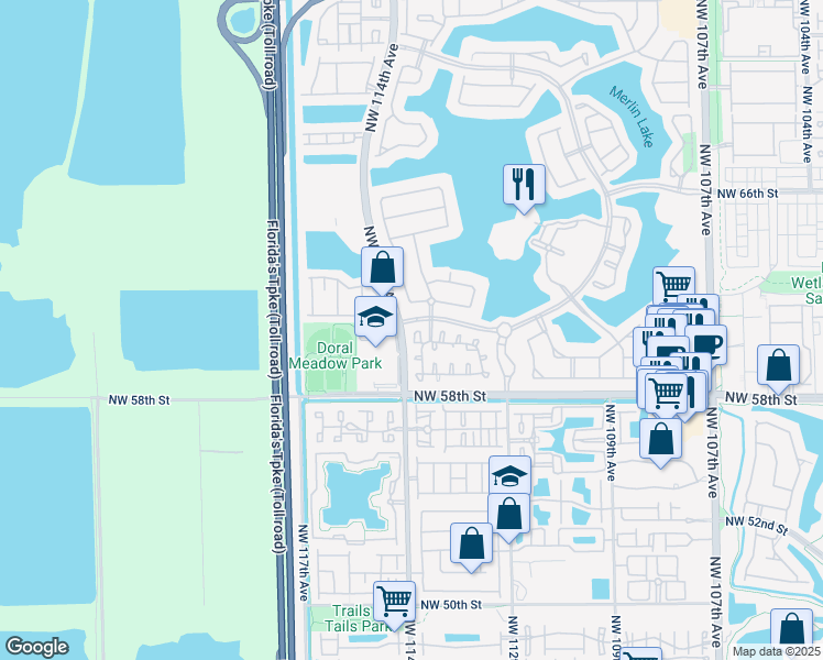 map of restaurants, bars, coffee shops, grocery stores, and more near 5942 Northwest 113th Place in Doral