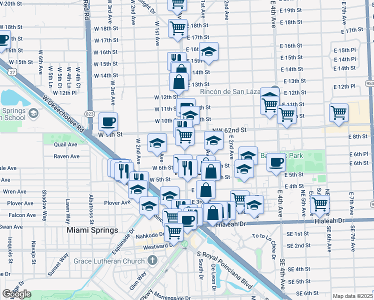map of restaurants, bars, coffee shops, grocery stores, and more near 733 Palm Avenue in Hialeah