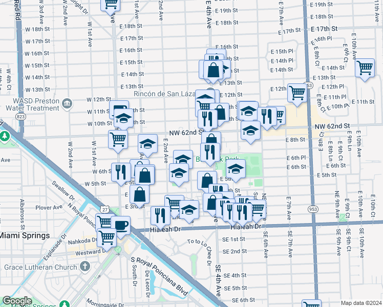map of restaurants, bars, coffee shops, grocery stores, and more near 719 East 3rd Avenue in Hialeah