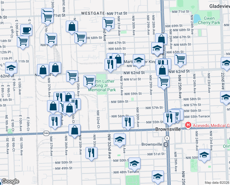 map of restaurants, bars, coffee shops, grocery stores, and more near 3169 Northwest 59th Street in Miami