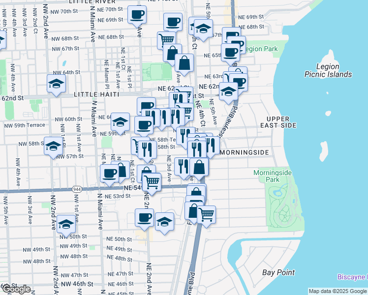 map of restaurants, bars, coffee shops, grocery stores, and more near 5732 Northeast 58th Street in Miami