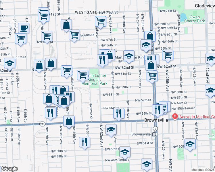 map of restaurants, bars, coffee shops, grocery stores, and more near 3169 Northwest 59th Street in Miami