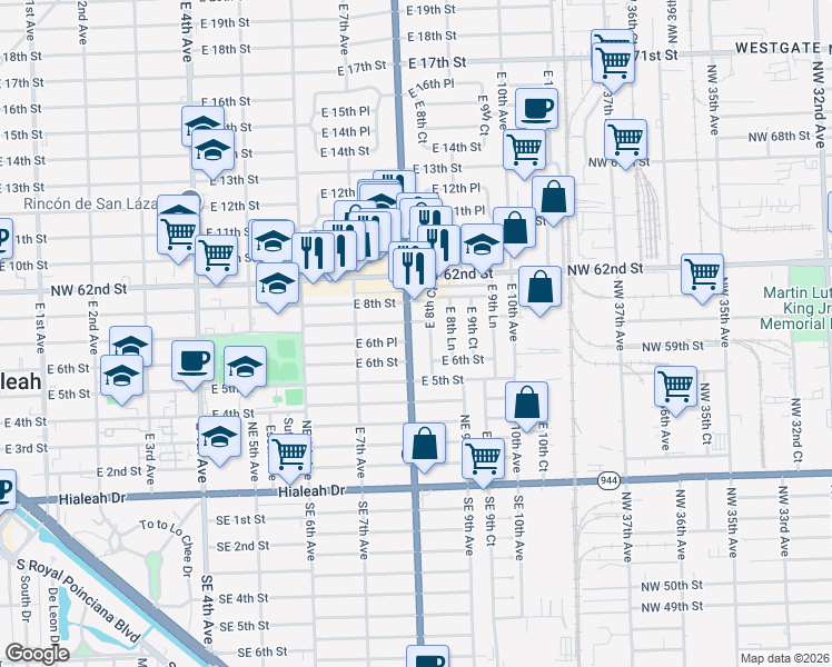 map of restaurants, bars, coffee shops, grocery stores, and more near 685 East 8th Avenue in Hialeah