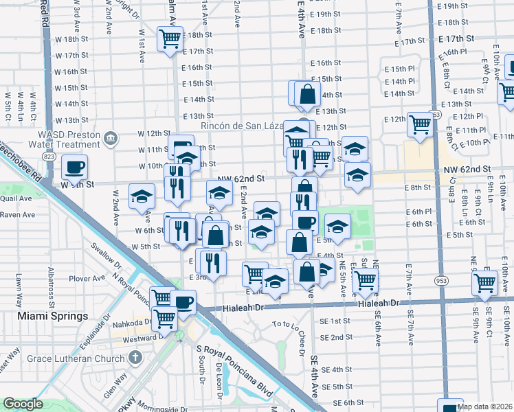 map of restaurants, bars, coffee shops, grocery stores, and more near 215 East 7th Street in Hialeah
