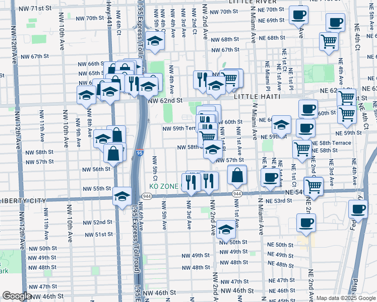 map of restaurants, bars, coffee shops, grocery stores, and more near 5745 Northwest 3rd Avenue in Miami