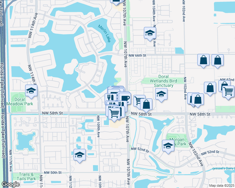 map of restaurants, bars, coffee shops, grocery stores, and more near 10710 Northwest 66th Street in Doral