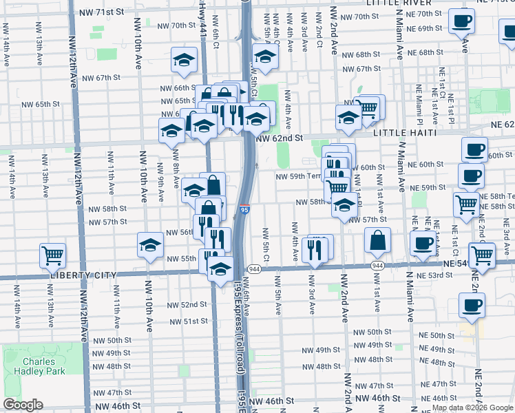 map of restaurants, bars, coffee shops, grocery stores, and more near 550 Northwest 58th Street in Miami