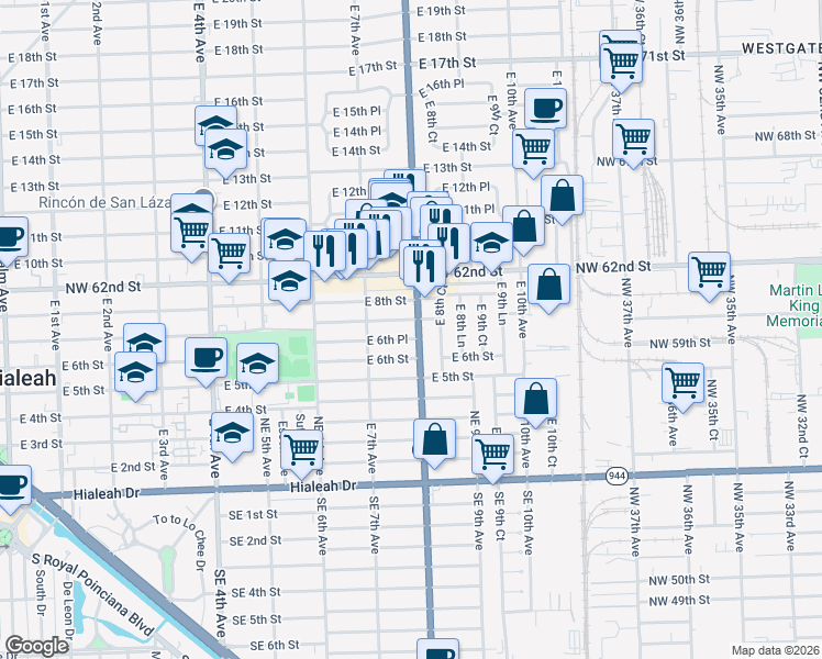 map of restaurants, bars, coffee shops, grocery stores, and more near 685 East 8th Avenue in Hialeah
