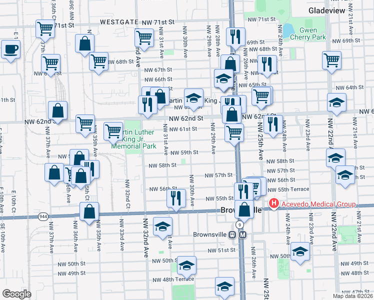 map of restaurants, bars, coffee shops, grocery stores, and more near 3007 Northwest 59th Street in Miami