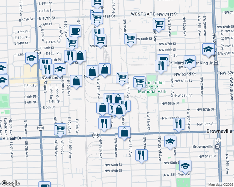 map of restaurants, bars, coffee shops, grocery stores, and more near 3590 Northwest 60th Street in Miami