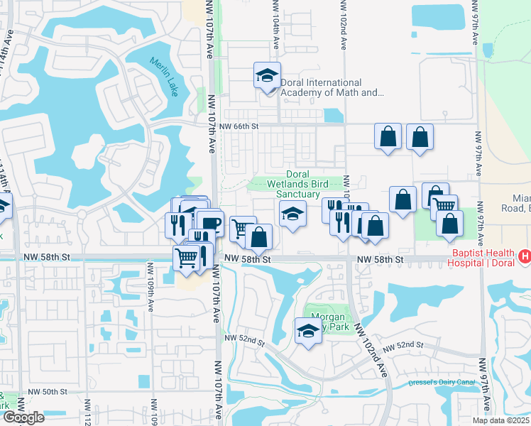 map of restaurants, bars, coffee shops, grocery stores, and more near 10444 Northwest 61st Street in Doral