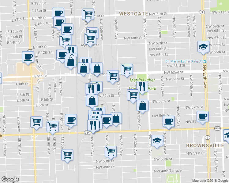map of restaurants, bars, coffee shops, grocery stores, and more near 3590 Northwest 60th Street in Miami