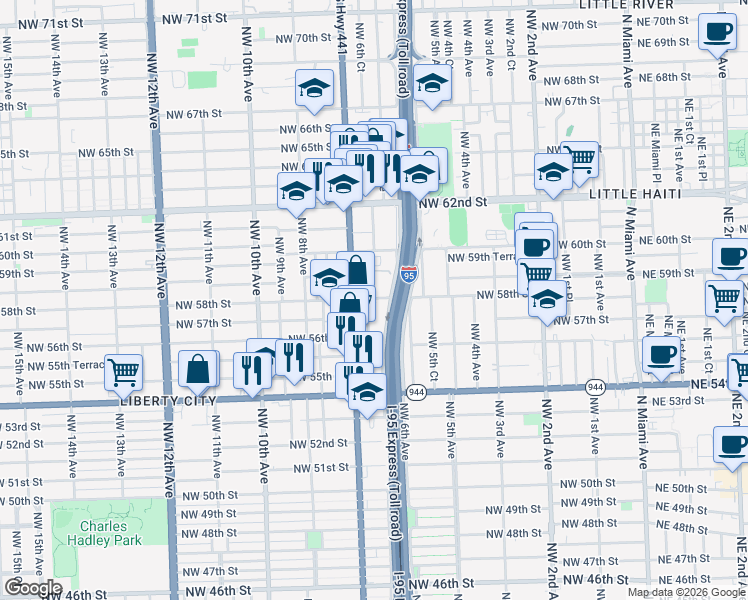 map of restaurants, bars, coffee shops, grocery stores, and more near 5789 Northwest 7th Avenue in Miami