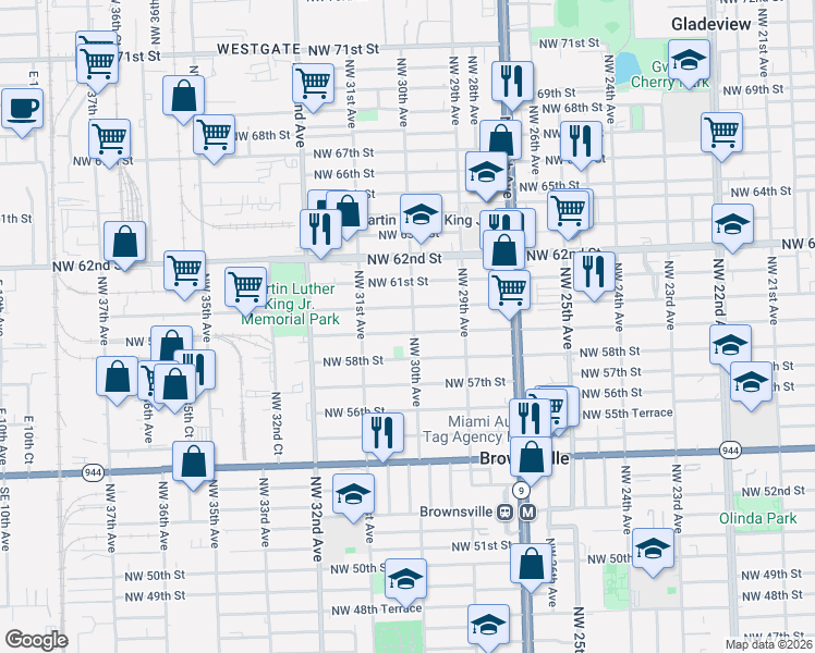 map of restaurants, bars, coffee shops, grocery stores, and more near 3007 Northwest 59th Street in Miami