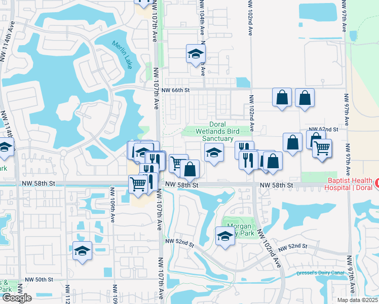 map of restaurants, bars, coffee shops, grocery stores, and more near 10444 Northwest 61st Street in Doral