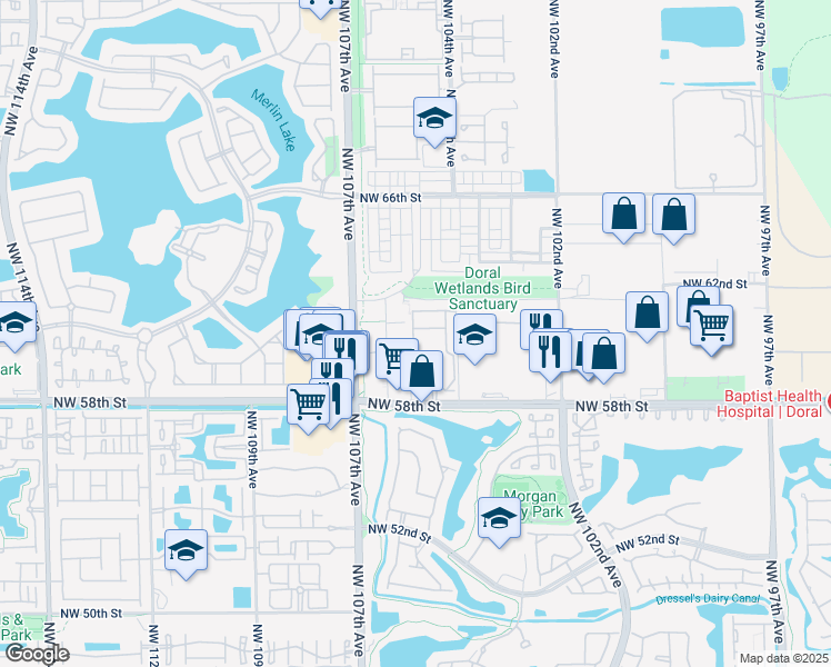 map of restaurants, bars, coffee shops, grocery stores, and more near 10444 Northwest 61st Street in Doral