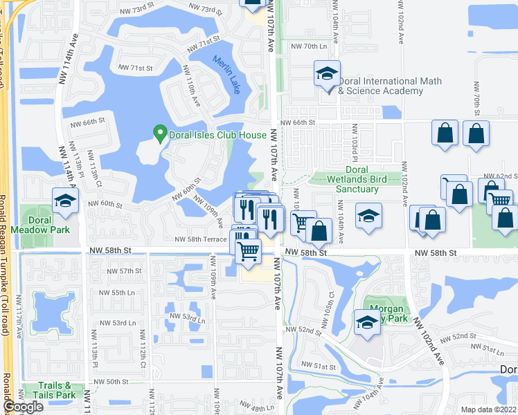 map of restaurants, bars, coffee shops, grocery stores, and more near 10710 Northwest 66th Street in Doral